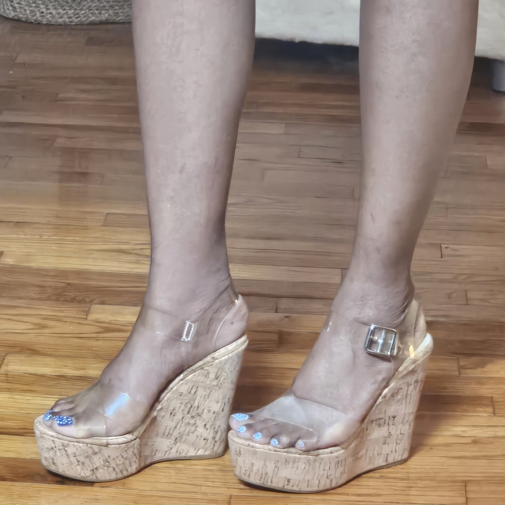 Cream and Tan Wedge Sandals with Clear Straps
